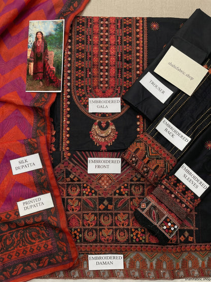 Maryam | Black N Orange Luxury Chikenkari Lawn With Silk Dupatta  | 3pec Unstiched