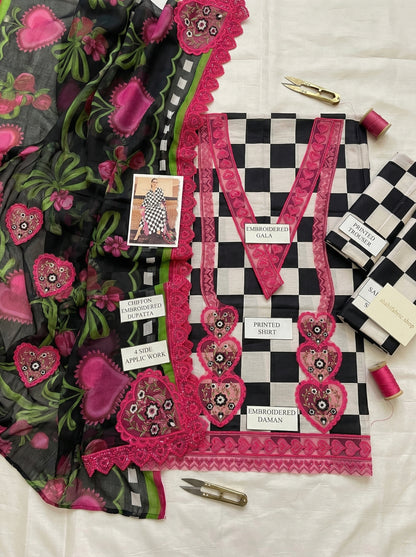 MARIAB PINK HEART |PRINTED LAWN WITH CHIFFON  DUPATTA  |3PC UNSTICHED