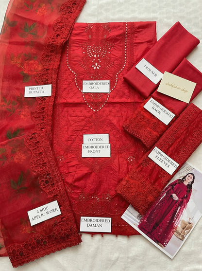 Qalamqaar | Red Chikenkari with Digital Embroidered Dupatta | 3pec Unstiched