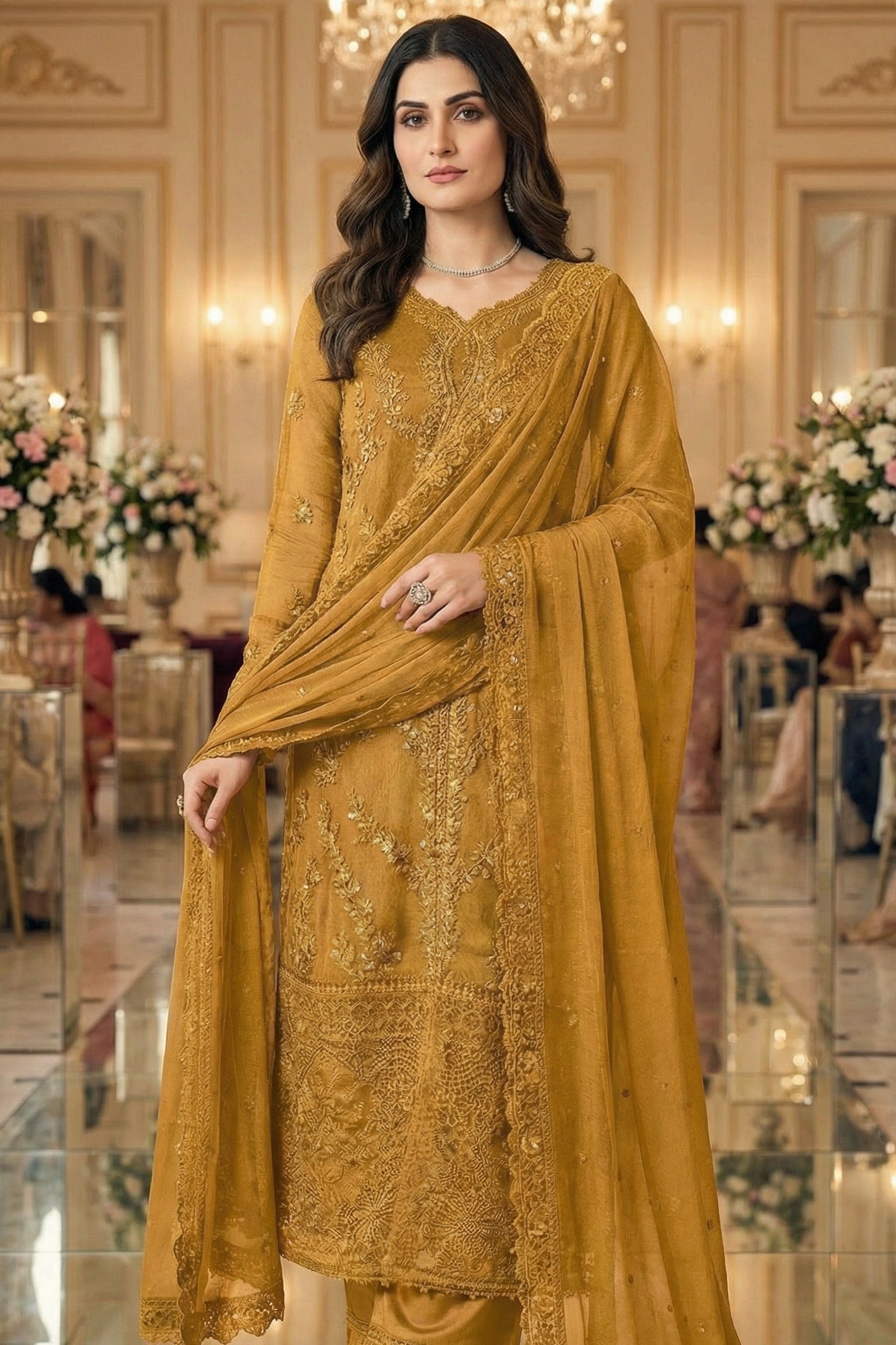 Woman in a mustard yellow embroidered outfit standing in an elegant interior setting.