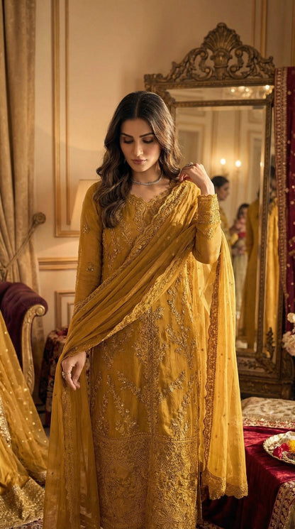 AZURE | MASTARD CHIFFON DRESS PHASE  |3PIECE UNSTICHED