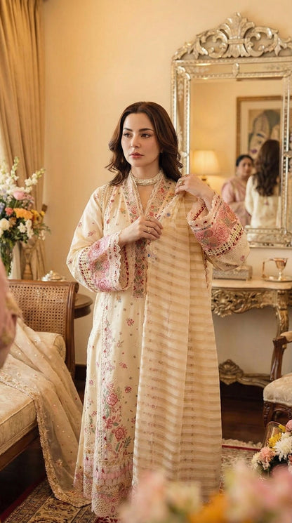 Qalamqar | Chikenkari Lawn Embroidery Orgenza Embroided Dupatta | 3pec Unstiched