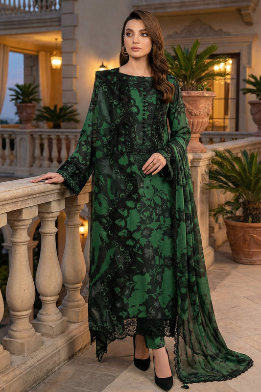 Woman in a green dress standing on a balcony with decorative elements.