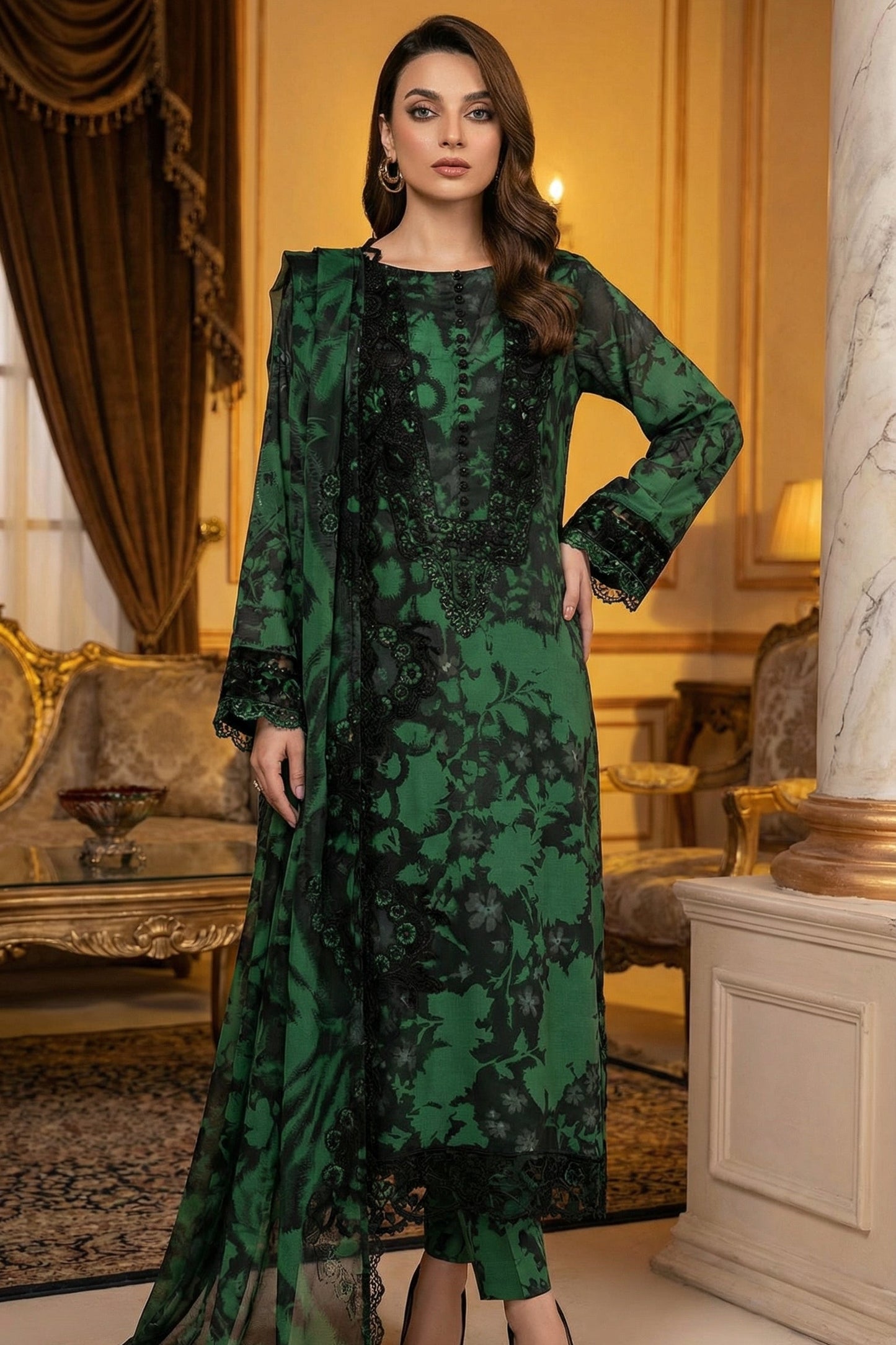 RAMSHA LAWN WITH CHIFFON EMBROIDERD DUPATTA |3PIECE UNSTICHED