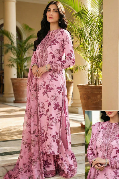 Aneelas SOFT PINK Lawn 9MM WITH Chiffon  DUPATTA |3PEC UNsTICHED