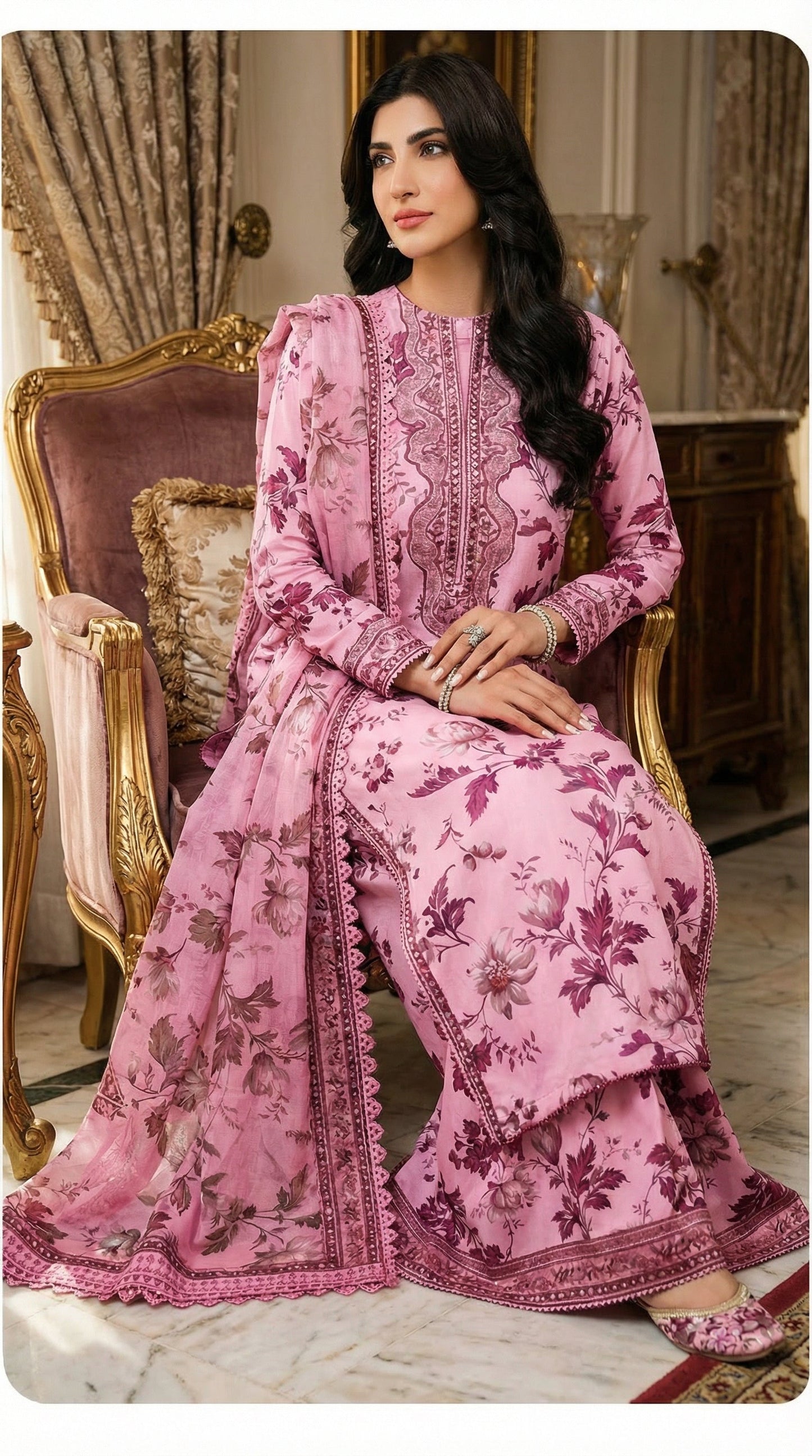 Aneelas SOFT PINK Lawn 9MM WITH Chiffon  DUPATTA |3PEC UNsTICHED