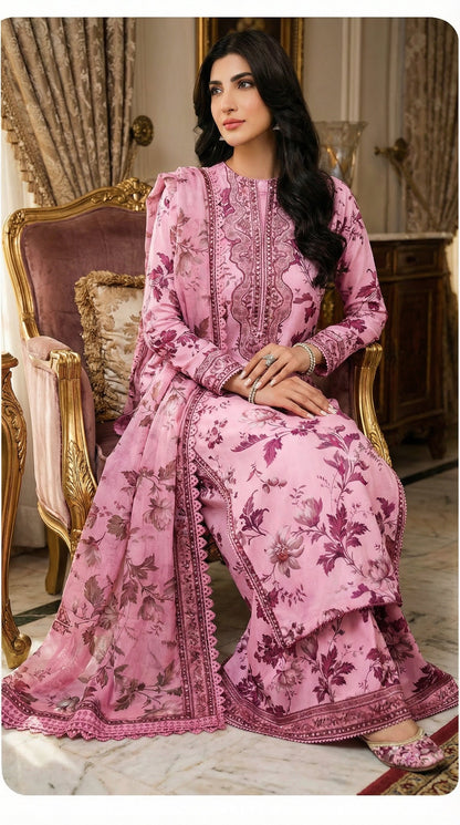 Aneelas SOFT PINK Lawn 9MM WITH Chiffon  DUPATTA |3PEC UNsTICHED