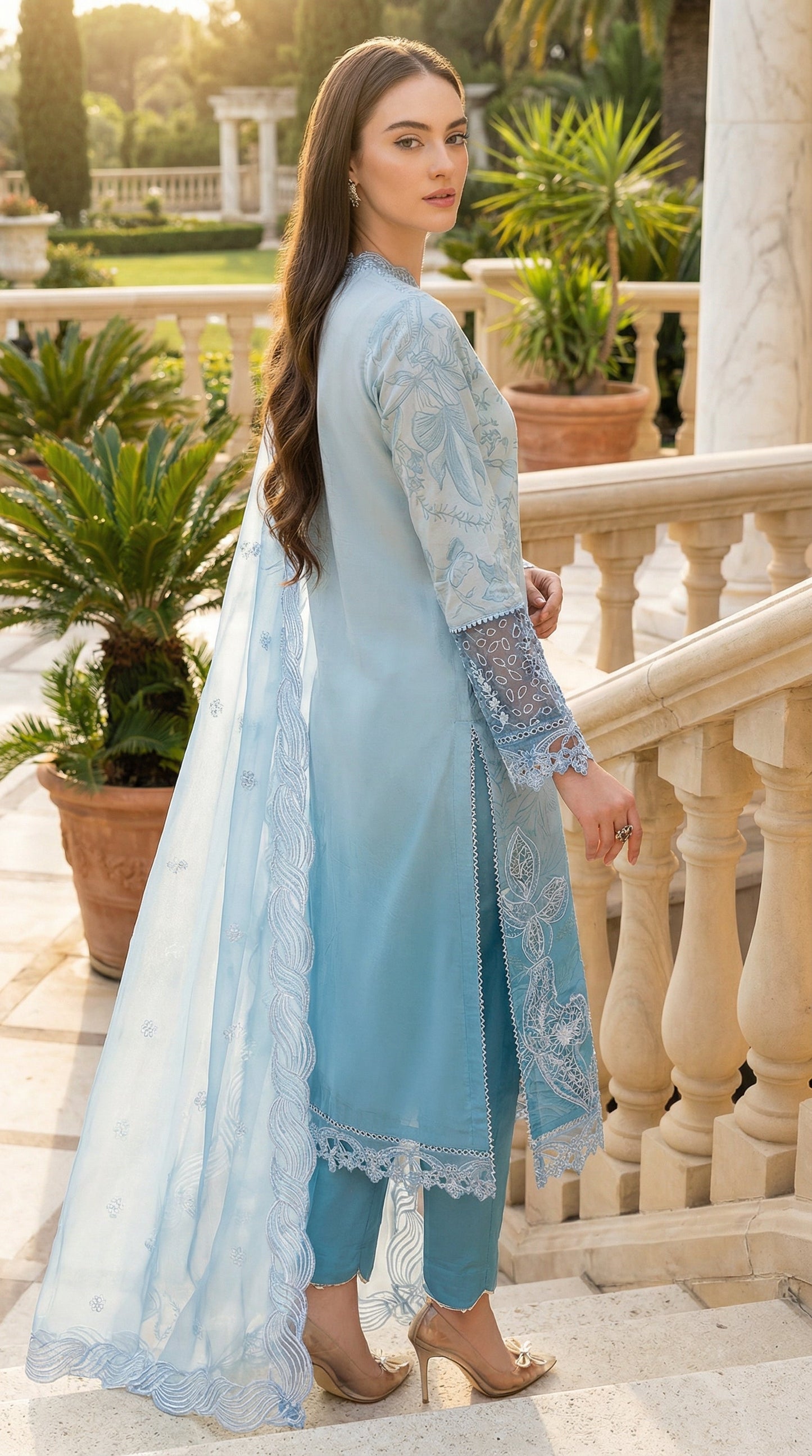 MUSHQ BLUE LAWN WITH ORGENZA  DUPATTA |3PEC UNSTICHED