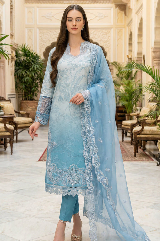 MUSHQ BLUE LAWN WITH ORGENZA  DUPATTA |3PEC UNSTICHED