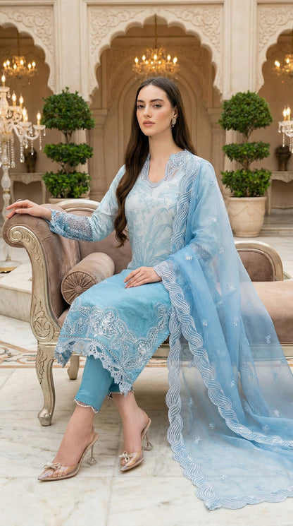 MUSHQ BLUE LAWN WITH ORGENZA  DUPATTA |3PEC UNSTICHED
