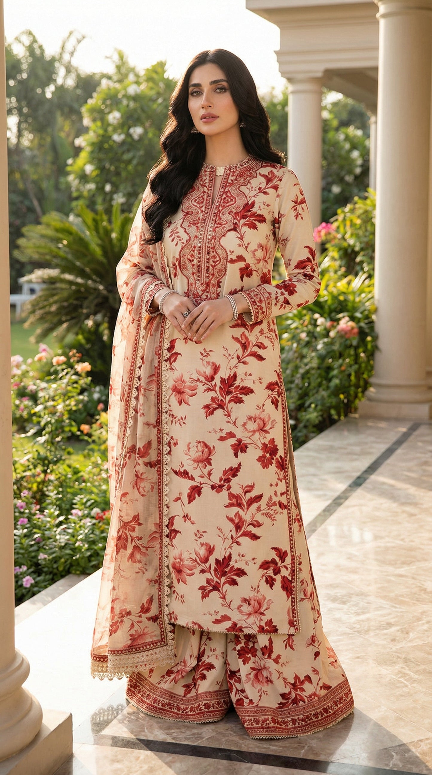 Aneelas Skin Lawn 9MM WITH Chiffon  DUPATTA |3PEC UNSTICHED