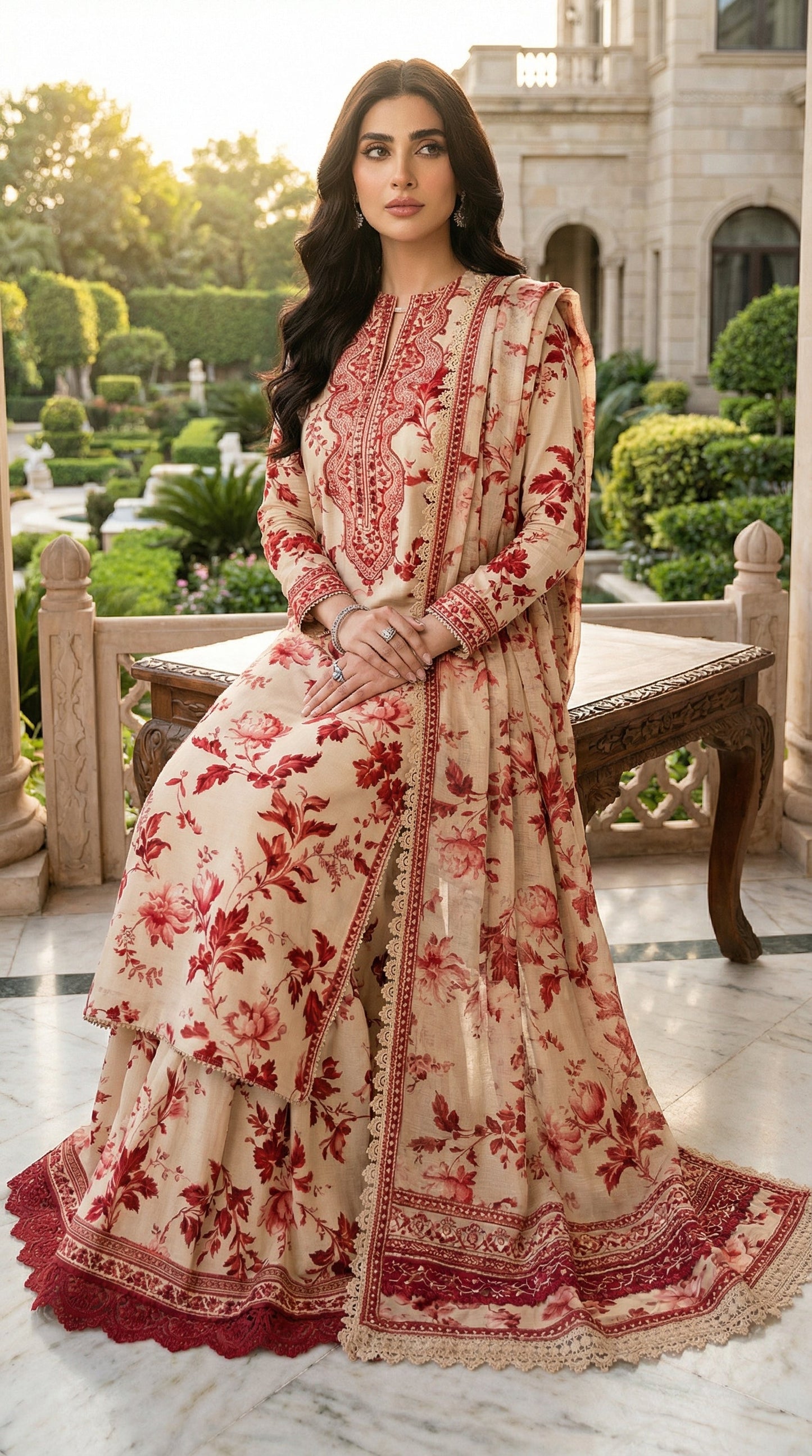 Aneelas Skin Lawn 9MM WITH Chiffon  DUPATTA |3PEC UNSTICHED