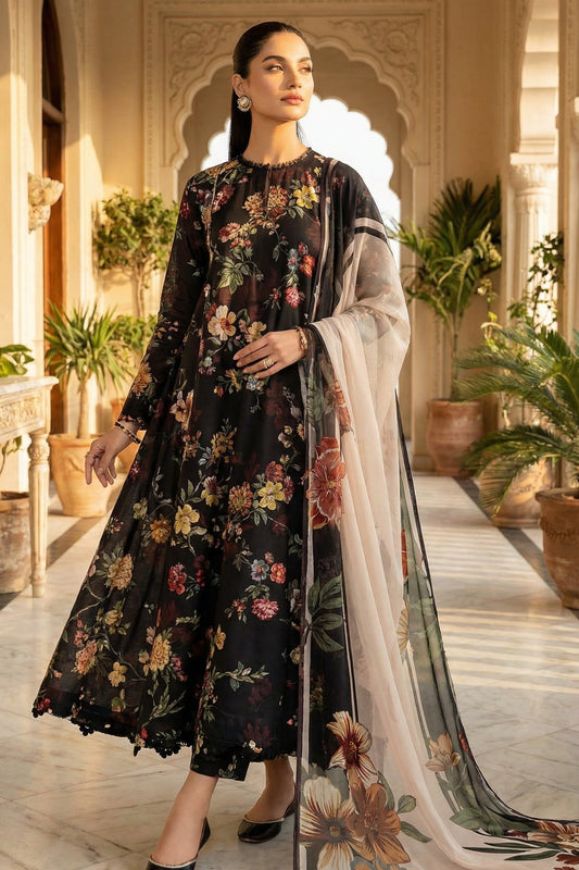 BAROOQ LAWN WITH CHIFFON DUPATTA |3PIECE UNSTICHED