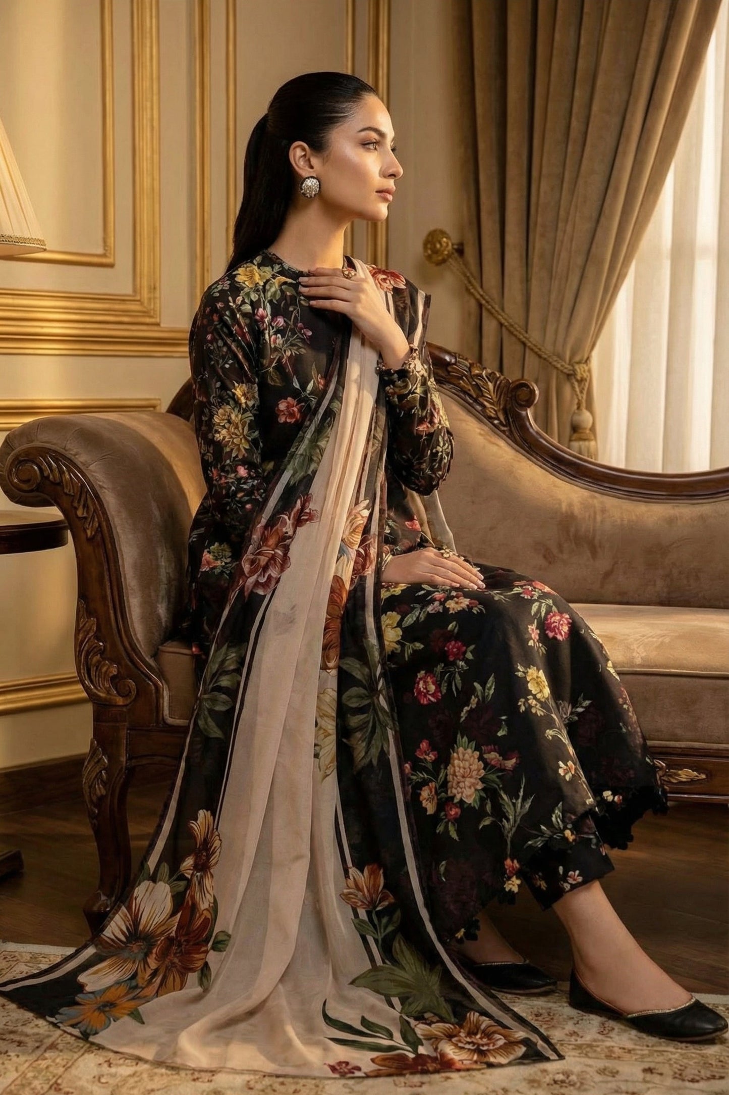 BAROOQ LAWN WITH CHIFFON DUPATTA |3PIECE UNSTICHED