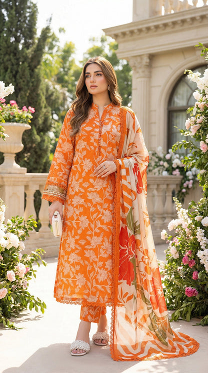 ANEELA LAWN WITH CHIFFON DUPATTA |3PEC UNsTICHED