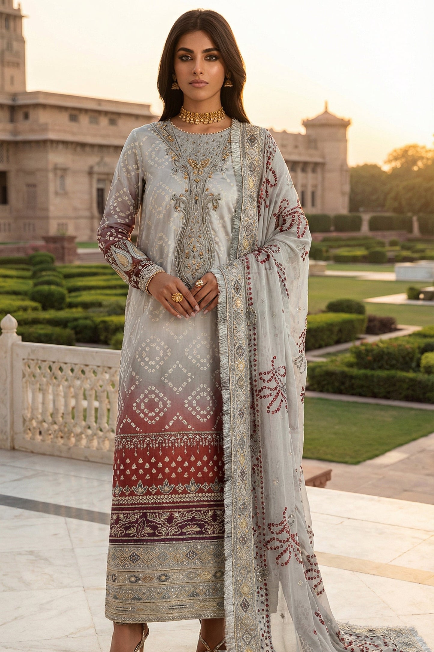 NUREH LAWN WITH CHIFFON DUPATTA |3PIECE UNSTICHED
