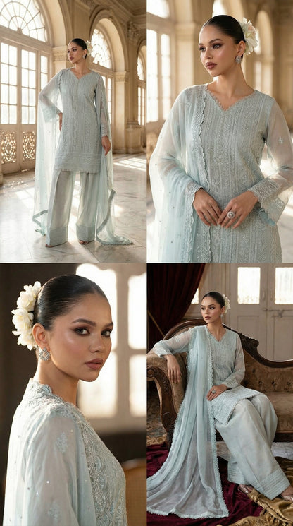AZURE CHIFFON WITH CHIFFON EMBROIDERD DUPATTA  |3PIECE UNSTICHED