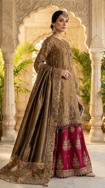 MARIAB SILK WEDDING WITH ORGENZA  DUPATTA |3PIECE UNSTICHED