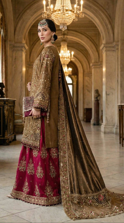 MARIAB SILK WEDDING WITH ORGENZA  DUPATTA |3PIECE UNSTICHED