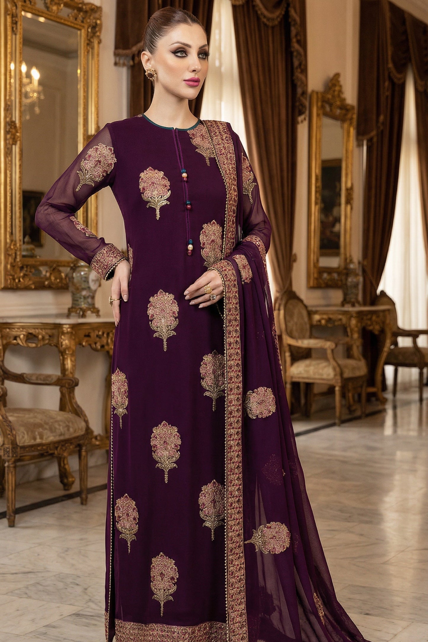 MEERAL CHIFFON WEDDING SUIT  WITH CHIFFON DUPATTA |3PIECE UNSTICHED