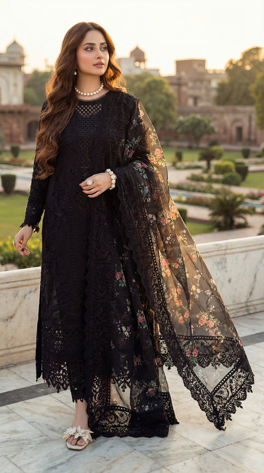 NUREH  EXCLUSIVE CHIKENKARI DRESS (3PIECE-UNSTICHED)