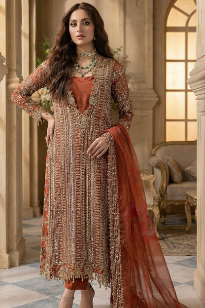 CHARIZMA IMPERIAL ORANGE CHIFFON WITH HEAVY EMBROIDED DUPPTA