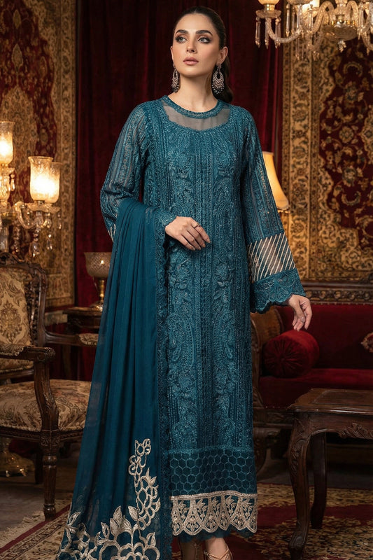 AZURE BLUE DOBLE NECK | 3PIECE UNSTICHED