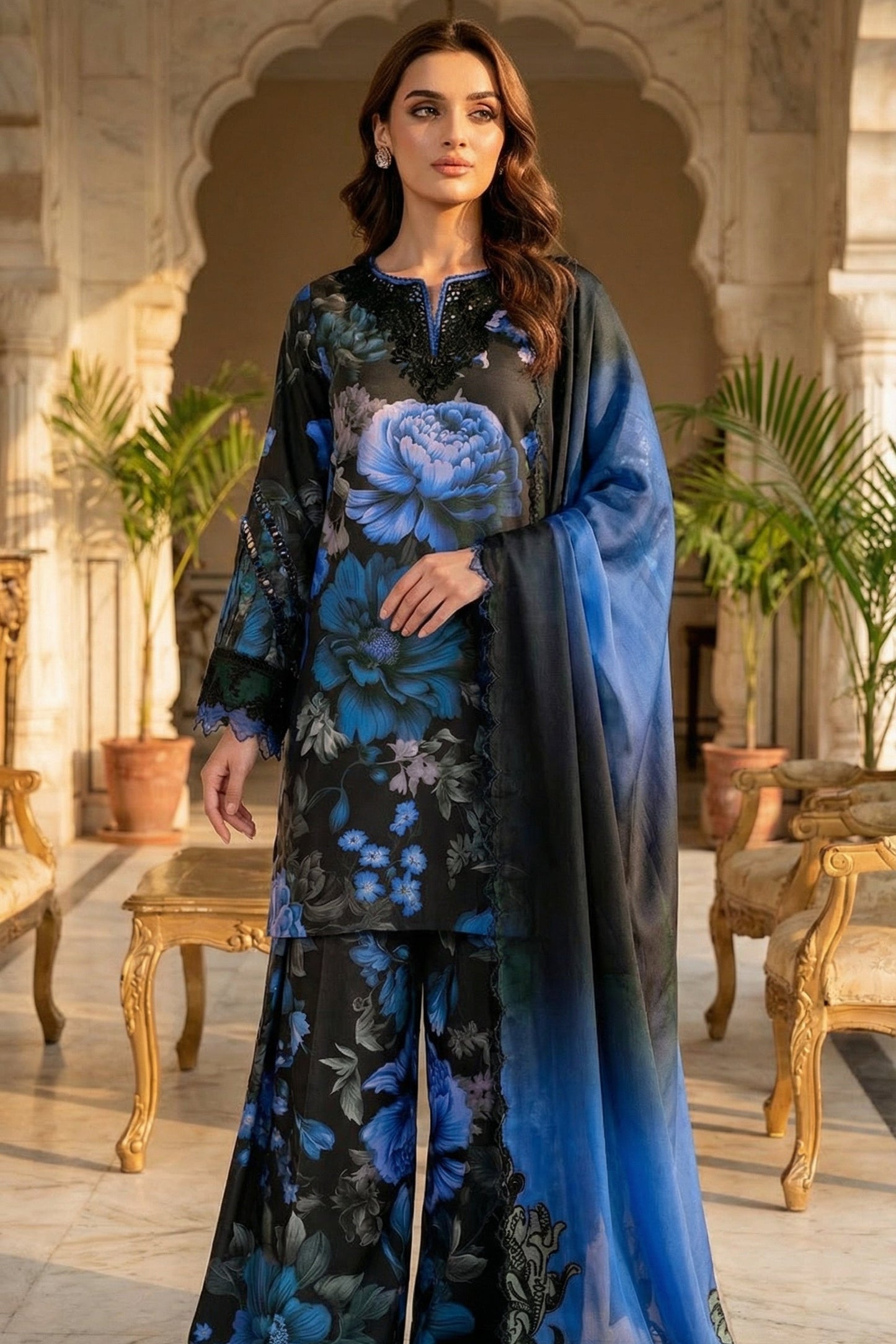 IZNIK BLACK BLUE WITH CHIFFON DUPATTA  |3 PIECE UNSTICHED