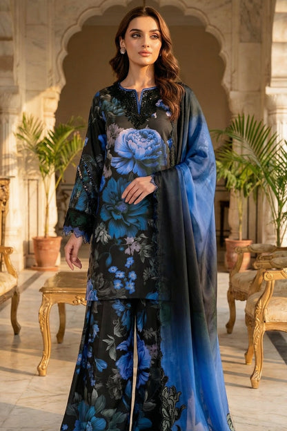IZNIK BLACK BLUE WITH CHIFFON DUPATTA  |3 PIECE UNSTICHED