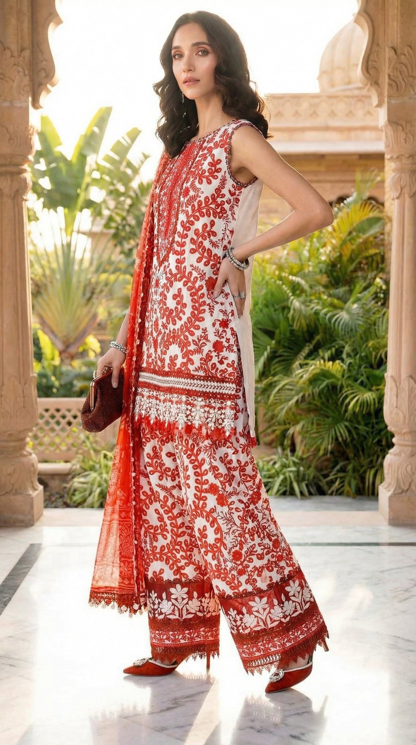 MARIAB RED WHITE WITH CHIFFON DUPATTA  |3 PIECE UNSTICHED