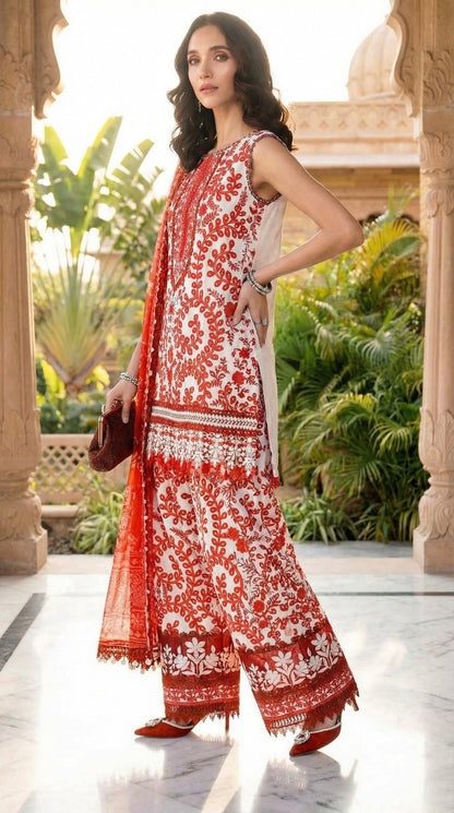 MARIAB RED WHITE WITH CHIFFON DUPATTA  |3 PIECE UNSTICHED