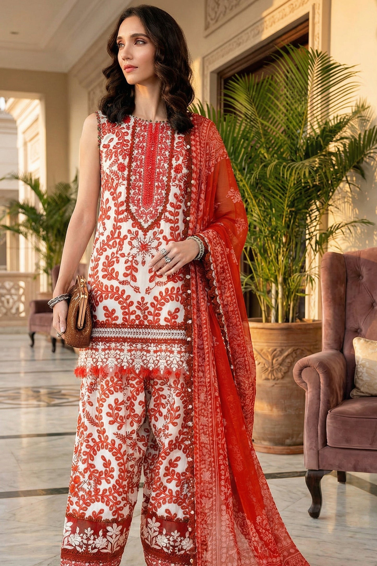 MARIAB RED WHITE WITH CHIFFON DUPATTA  |3 PIECE UNSTICHED