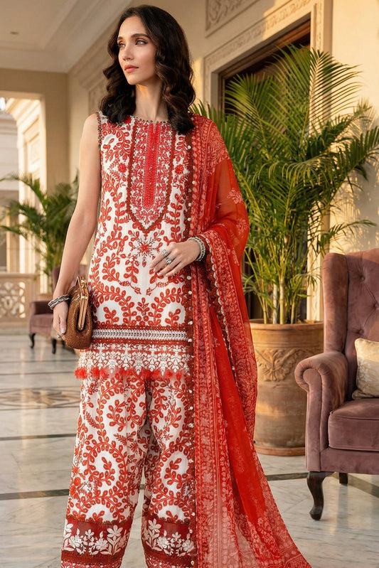 MARIAB RED WHITE WITH CHIFFON DUPATTA  |3 PIECE UNSTICHED