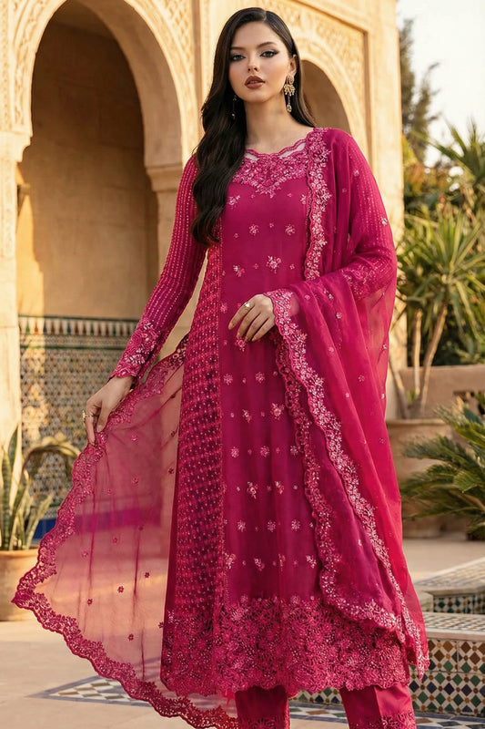 AZURE| FUSCIA PINK PREMIUM CHIFFON  WITH CHIFFON DUPATTA  |3PIECE UNSTICHED