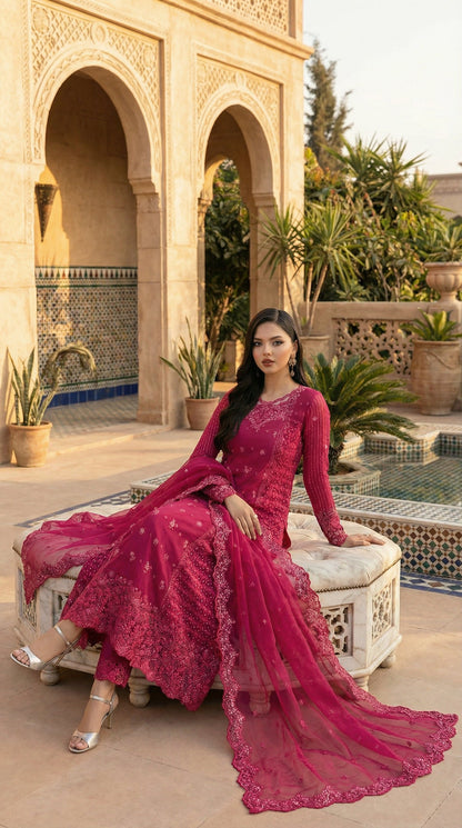 AZURE| FUSCIA PINK PREMIUM CHIFFON  WITH CHIFFON DUPATTA  |3PIECE UNSTICHED
