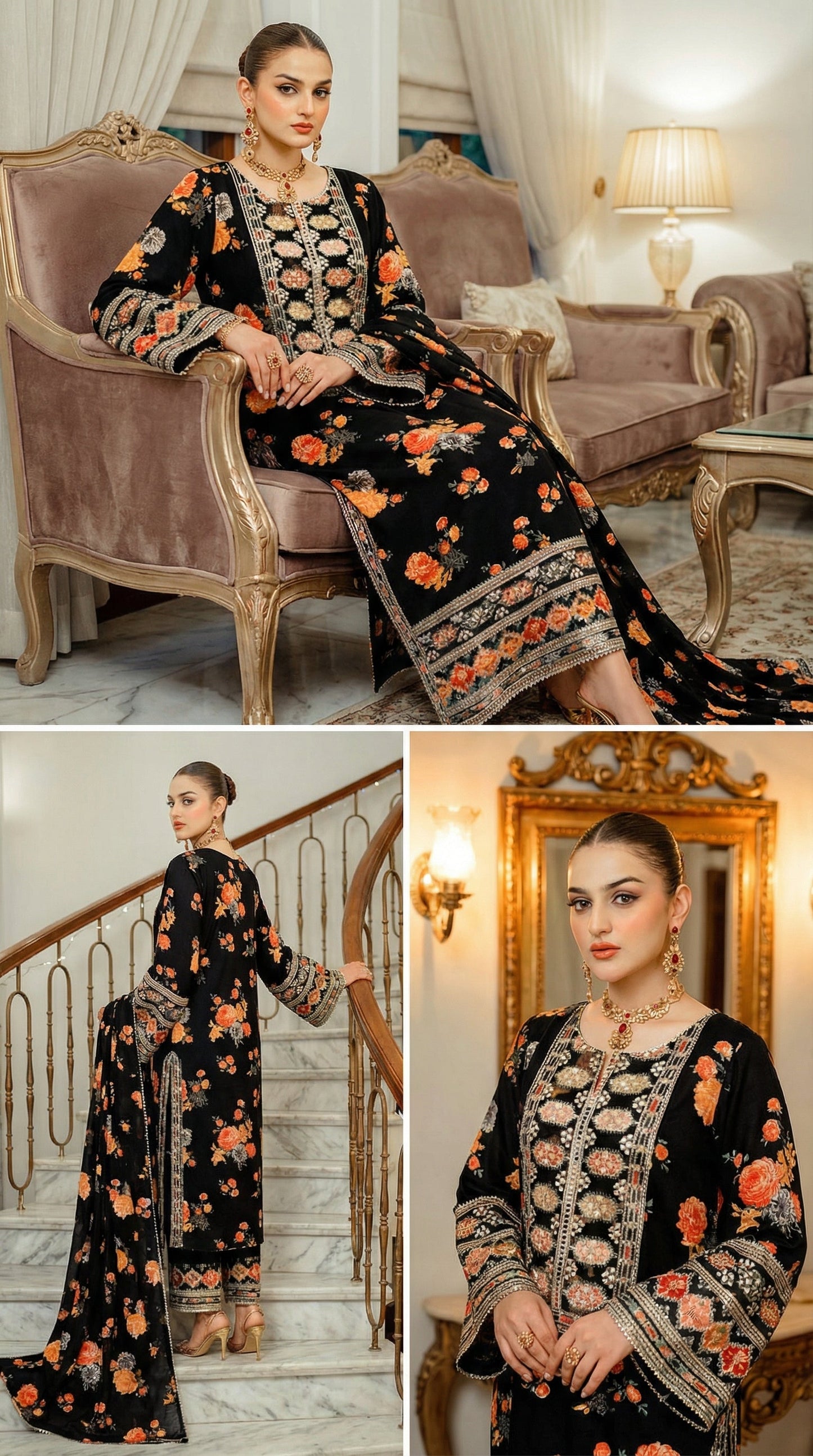 Aneela’s Luxury Silk Dress | 3pc Unstitched (Black)