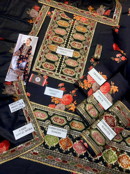 Aneela’s Luxury Silk Dress | 3pc Unstitched (Black)