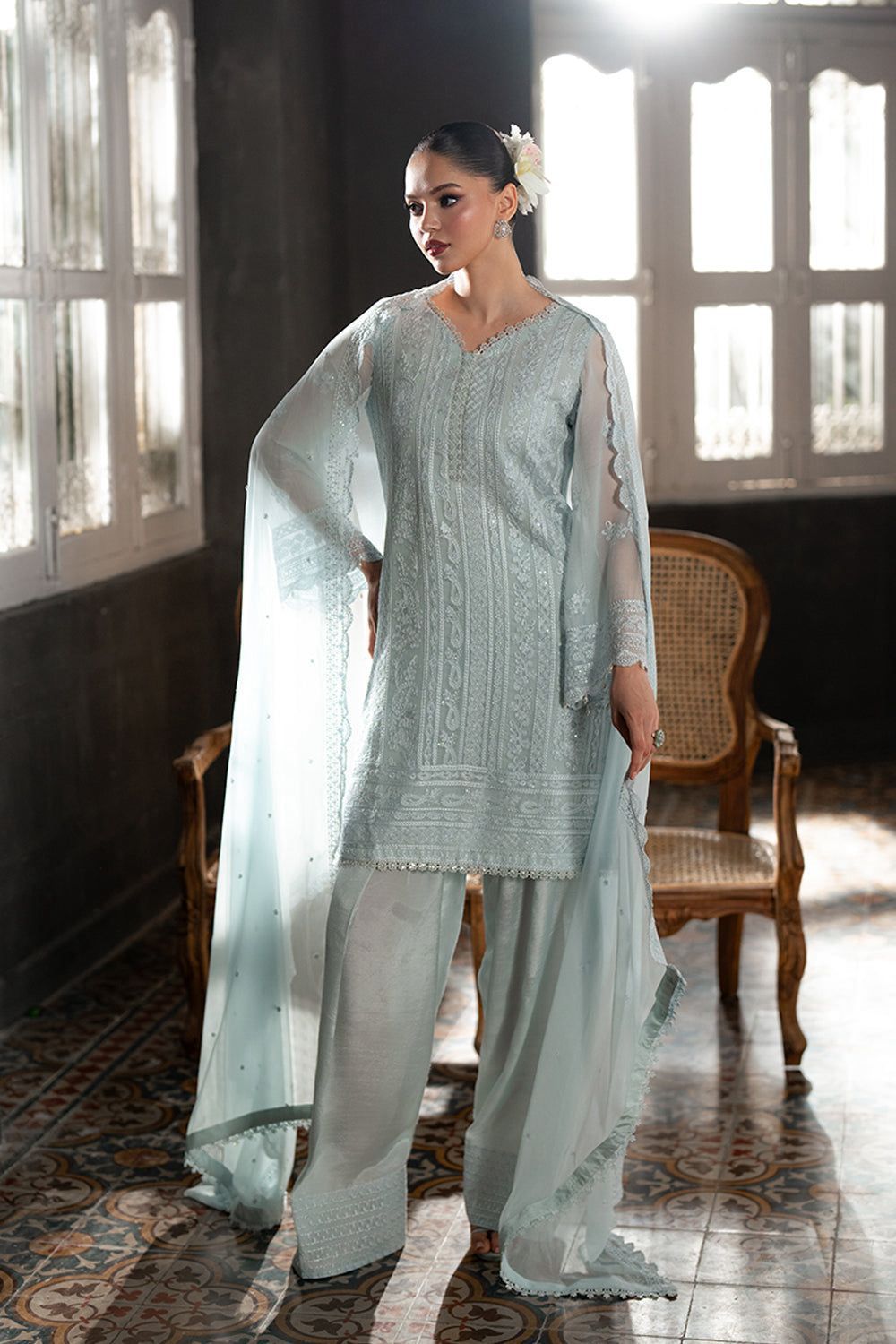 AZURE CHIFFON WITH CHIFFON EMBROIDERD DUPATTA  |3PIECE UNSTICHED