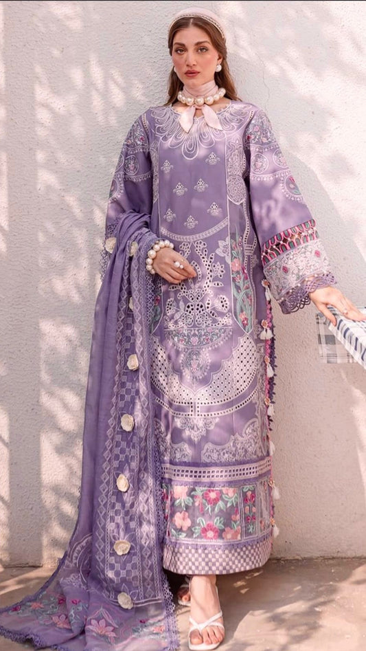 BIN ILYAS| PURPLE CHIKENKARI WITH ORGENZA  DUPATTA  |3PC UNSTICHED