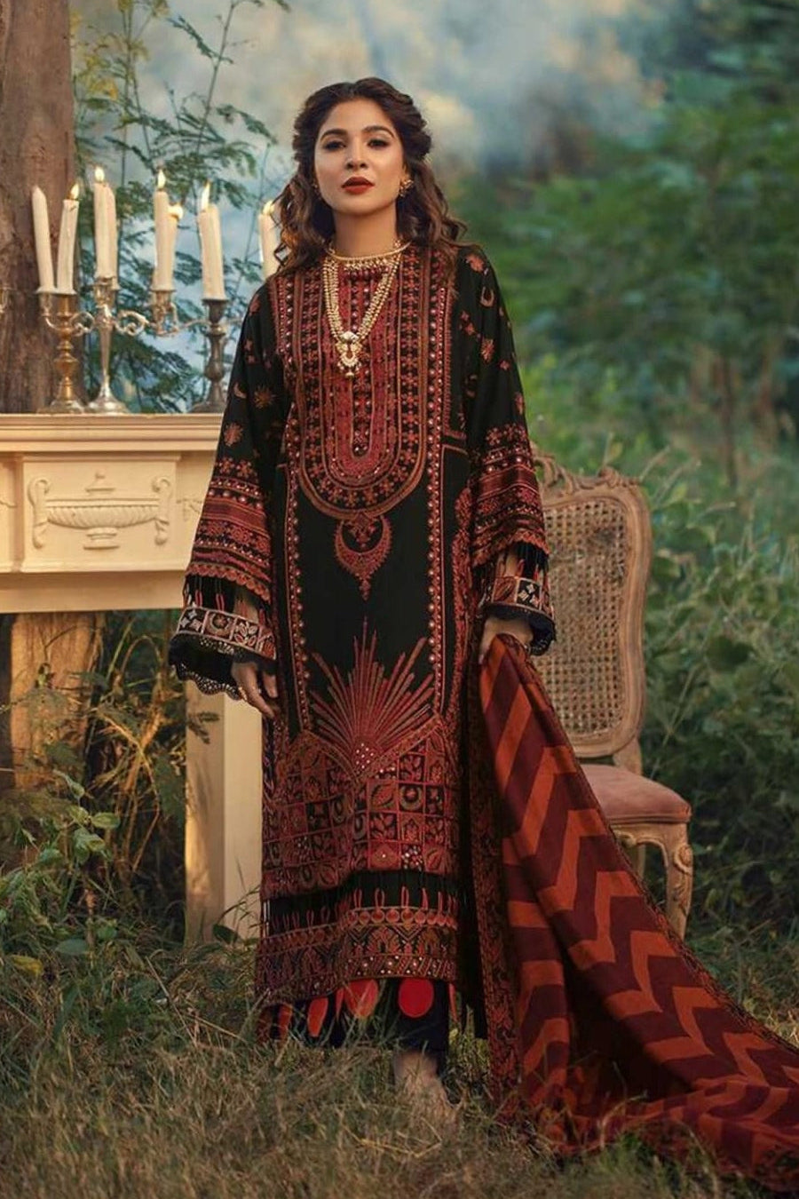 Maryam | Black N Orange Luxury Chikenkari Lawn With Silk Dupatta  | 3pec Unstiched