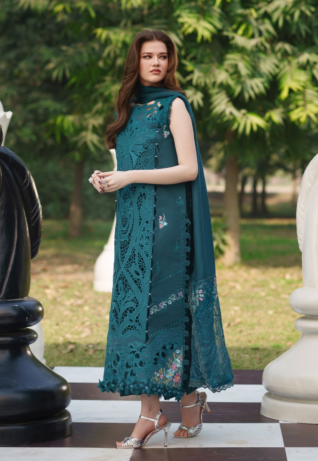 PARISHAY LUXURY CHIKENKARI COLLECTION (HU) WITH SRYLISH KHADDI NET EMBROIDED BORDER DUPATTA  |3PC UNSTICHED