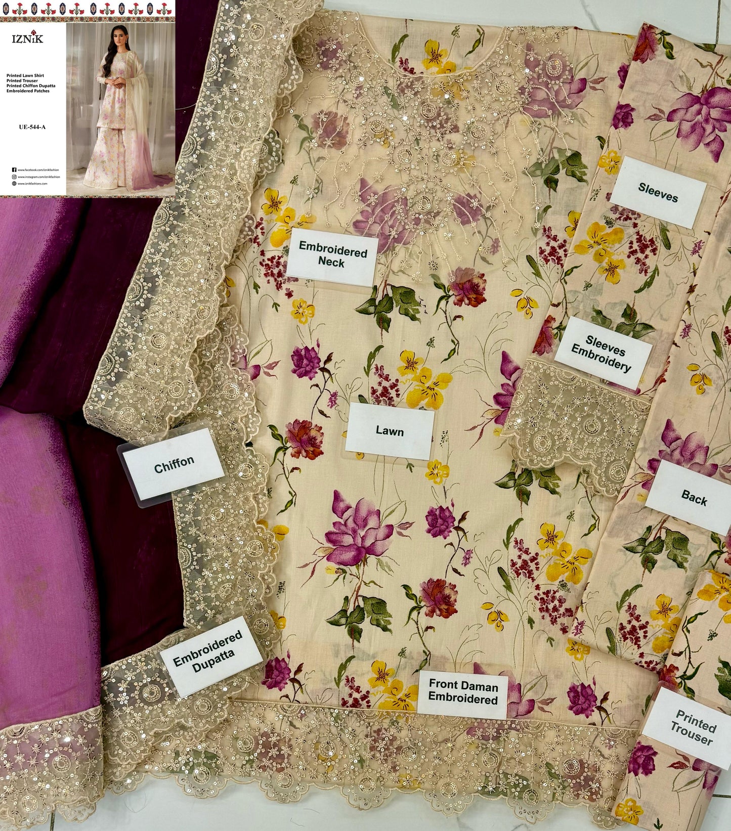 Iznik | Printed Lawn With Chiffon Dupatta Heavy Embroidered | 3pc Unstiched