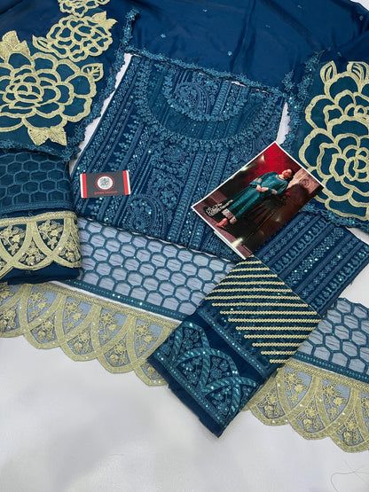 AZURE BLUE DOBLE NECK | 3PIECE UNSTICHED