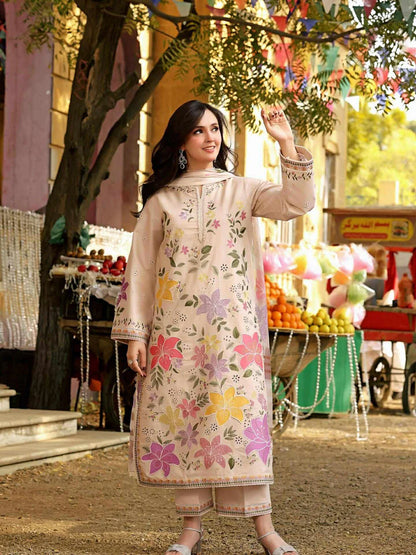 Aneelas  Emborided Lawn Chikenkari With Silk Duppata 3pc Unstiched