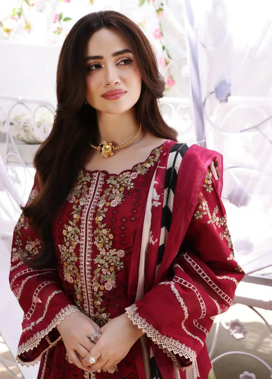 ELAF ROYAL MEHROON CHIKENKARI  |3PC UNSTICHED