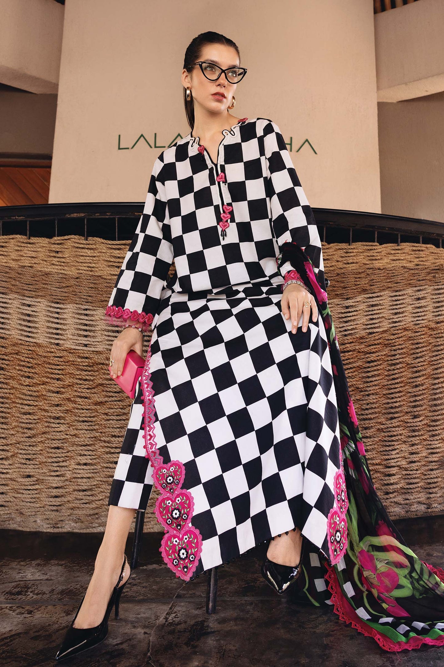 MARIAB PINK HEART |PRINTED LAWN WITH CHIFFON  DUPATTA  |3PC UNSTICHED