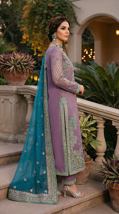 Akber Aslam | Purple Majesty Orgenza Dress 3pec Unstiched