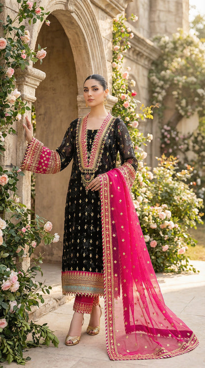 Barooq | Zarmin Black Chiffon Emroided Dress