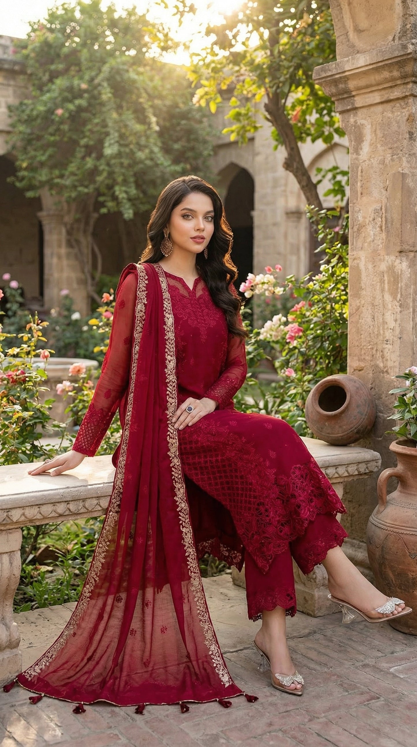 Azure | Red Chiffon Emroided Dress Phase 3pec Unstiched
