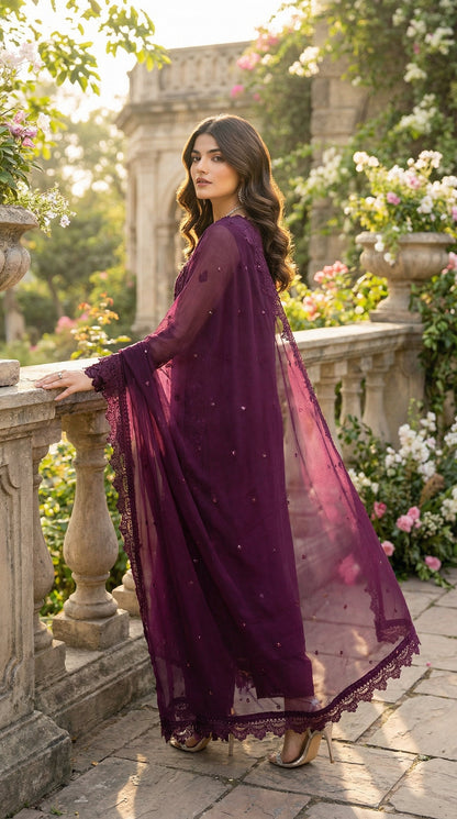 Azure |  PurpleChiffon Emroided Dress Phase 3pec Unstiched